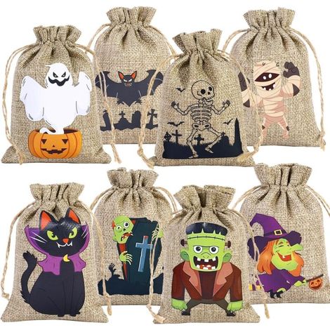 24er-Pack Halloween-Säcke aus Jute mit Kordelzug, 10 x 15 cm, 8 gruselige Motive für kleine Geschenktüten (1/5)
