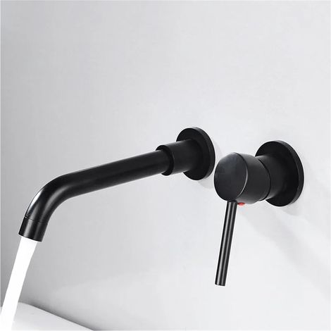 Grifo Lavabo Negro Pared, Mezclador Agua Fría y Caliente con Boquilla Giratoria 360°, Diseño Compacto y Fácil Limpieza – Ideal para Baños Modernos (1/5)