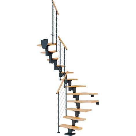 Dolle Mittelholmtreppe Dublin 1/2 gewendelt aus Buche lackiert 71 cm breit für GH 259–315 cm UK Metall Anthrazit mitlaufende Edelstahlstäbe