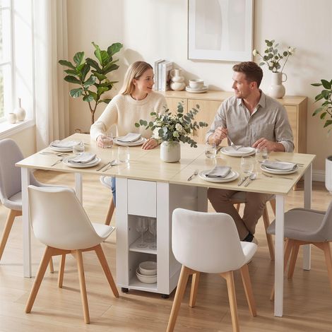 Table à manger Blanc pliante 6 personnes cuisine 2 tiroirs 4 étagères ouvertes 39-168 cm