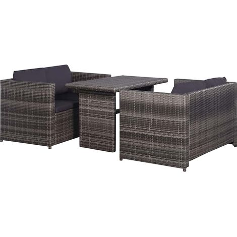 vidaXL Set mesa y sillas jardín 3 pzas y cojines ratán sintético gris (1/5)