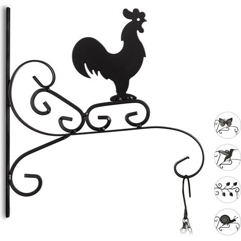 Relaxdays Plant Hook with Cock Motif, Flower Pot Hanger for the Wall, Metal Garden Decor, HxWxD: 30 x 28 x 2 cm, Black