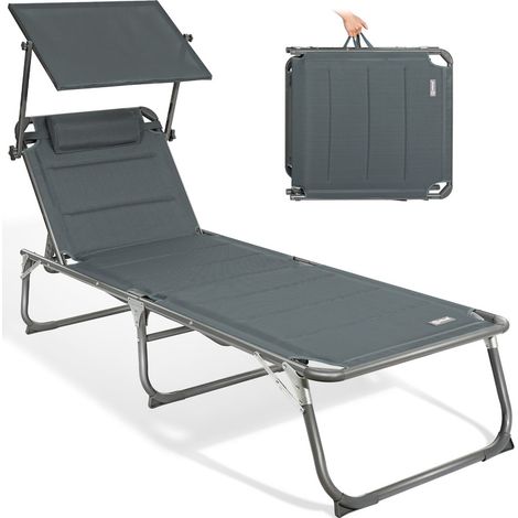 HOMECALL Gartenliege Sonnenliege AluLiege Liegestuhl Liege Klappbar, Textilene Mit Dickem Schwamm, Mit Verstellbare Rückenlehne, Sonnenblende, Kopfpolster, bis 180KG-Kohlengrau