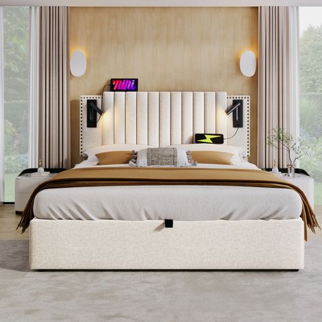 Bett 160x200 cm vintage beige aus Baumwolle, mit verstellbarem Kopfteil, Bettkasten, Lattenrost, Leselicht und USB/Type-C (1/5)