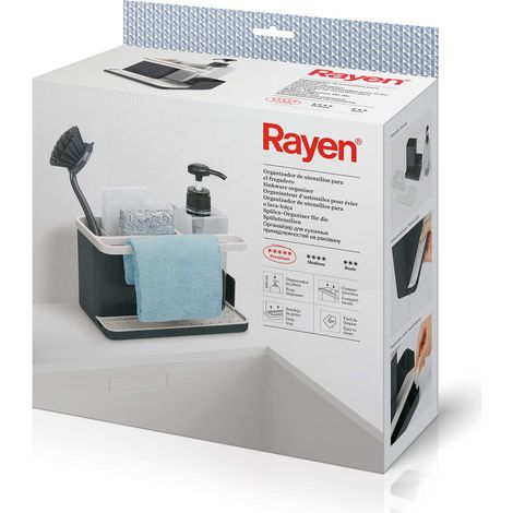 Rayen Organisateur d'ustensiles d'évier, gamme premium, bac d'égouttage, facile à nettoyer, compartiments, distributeur de savon, gris clair et gris foncé (1/5)