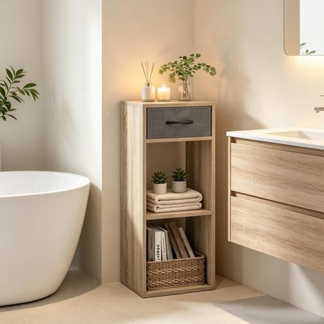 Mueble de almacenaje abierto de 3 niveles con cajón, 32,4 x 30 x 80 cm, gris/roble claro DESVIAE (1/5)