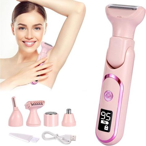 Épilateur 5-en-1 – Rose – Rechargeable – Étanche – Visage, jambes, corps – 17x5 cm – Femme (1/5)