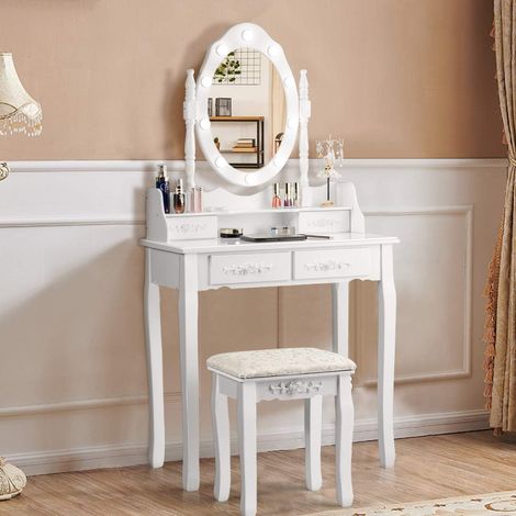 Costway – Coiffeuse enfant avec miroir oval et 10 ampoules LED – MDF étanche – 4 tiroirs de rangement – Tabouret capitonné confortable (1/5)