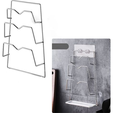 Support mural multifonctionnel à 3 niveaux pour couvercles de casseroles, en acier inoxydable, avec planche à découper et rangement pour la cuisine. (1/5)