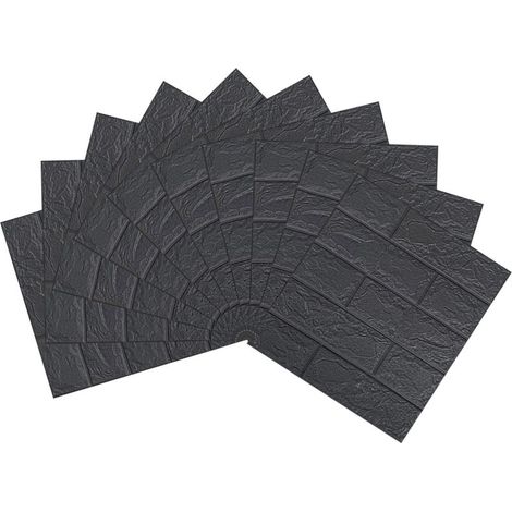 Lot de 10 stickers muraux 3D imitation brique - Noir - Hauteur 38,5 cm x Largeur 35 cm x Épaisseur 3 mm (1/5)