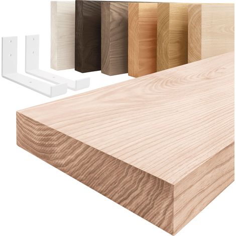 LAMO Manufaktur étagère murale en bois massif, bord régulier, étagère de rangement Industrial, bois brut / équerre blanche 40cm, LWG-01-A-001-40JW
