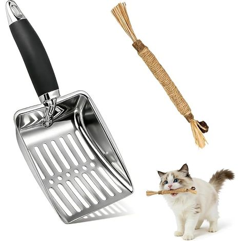 25,5 × 10 cm Pelle Litiere Chat avec Jouets pour Chats, Pelle à Litière Chat en Acier Inoxydable, Séparation Efficace, pour Petites Particules Telles Que la Litière pour Chats, Sable, Coquillage (1/5)