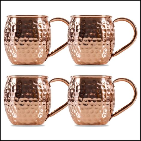 Gobelet Moscow Mule - Cuivre Massif Extérieur - Intérieur Acier Inoxydable 304 - 450 ml - Design Martelé - Pour Cocktails Froids - Lot de 4