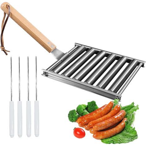 JSSEVN - Hot Dog Roller for Grill, Stainless Steel Sausage Holder, Even Cooking of Hot Dogs, 4 Skewers Included, 5 Hot Dog Capacity (1/5)