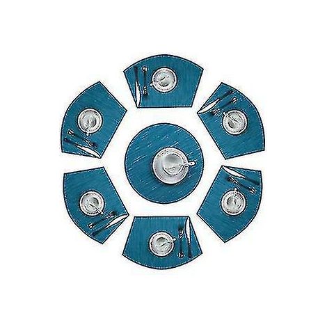 Set mit 7 runden, keilförmigen Platzsets mit Mittelstücken, hitzebeständig und abwaschbar – Blau
