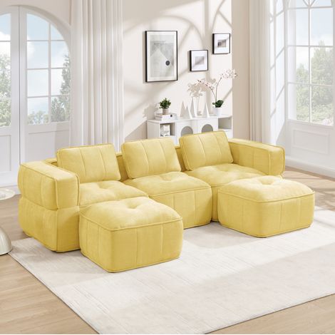Modulares U-Sofa 3-Sitzer mit 2 Hockern, 32D-Schaum, ohne Montage, Gelb OKMYHOME (1/5)