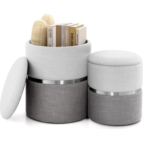 2 PCS Linen Fabric Storage Ottoman Set Modern Round Ottoman with Storage (1/5)