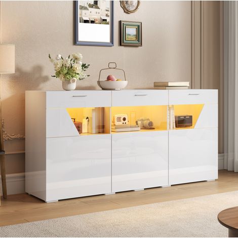 MODFU – Aparador 160x38x78 cm de aglomerado con 3 puertas de vidrio trapezoidal y LED por app, carga 60 kg – Blanco brillante (1/5)