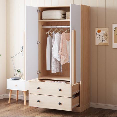 Kleiderschrank 70x40x170 cm Natur+Weiß aus Holz mit Doppeltüren, 2 Schubladen und Ablagefach (1/5)