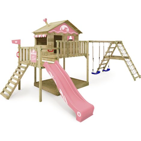 Wickey tour de jeux en bois Smart Ocean avec balançoire et toboggan, maisonnette sur pilotis avec bac à sable, échelle de corde et accessoires de jeu – rose pastel