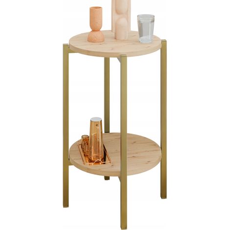 Tavolino rotondo moderno con ripiano, 35x35x62 cm, in metallo dorato. (1/5)