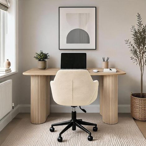 Monroe Brown Desk & Lumera Chenille Fabric Ivory Office Chair Set (1/5)