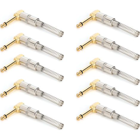 Connecteur mâle mono 6,35 mm plaqué or coudé à 90° pour câble de microphone de guitare électrique, à souder soi-même (1/5)