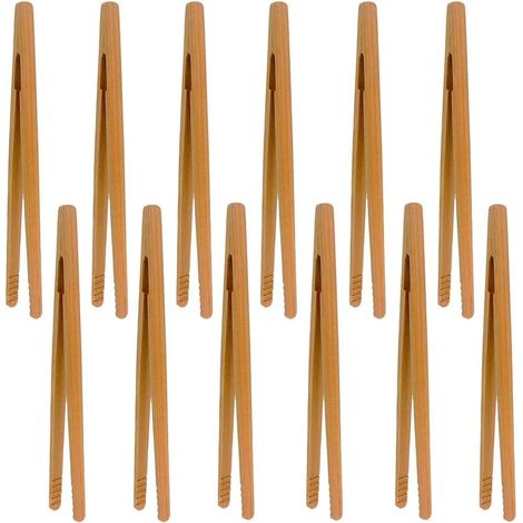 12 Pcs Pinces de cuisine en bambou Pince grille-pain Pince é toasts Pinces é pain de bois,Pour Barbecue,Buffet,Pain,Steak (1/5)