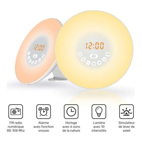 Sveglia LED Tocco, Funzione Alba e Tramonto, 6 Suoni Naturali, 7 Colori, 10 Livelli Luminosi, Ideale per Bambini (1/4)