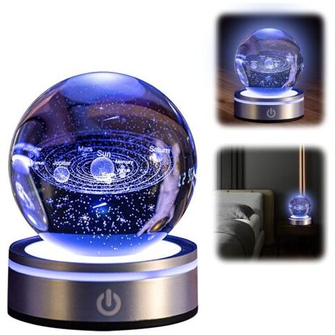 Boule Cristal 3D Système Solaire, 6 Couleurs Changeantes 3,15 inch Cristal Modèle de Planète avec LED Light Up Base Cadeau, Astronomie Cadeaux pour Amis, Couples (1/5)