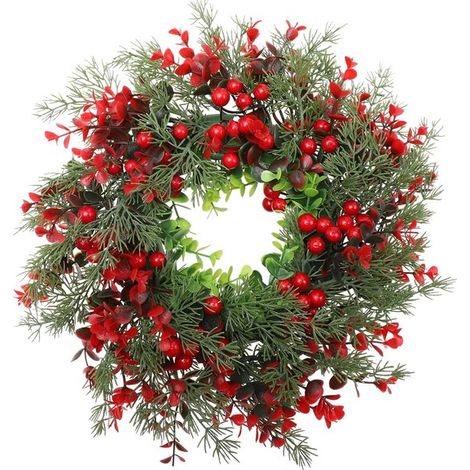 Couronne de Noël artificielle - décorée de baies rouges - Décoration de Noël pour l'intérieur et l'extérieur - à suspendre aux portes d'entrée ou aux murs - rouge - 35 cm (1/3)
