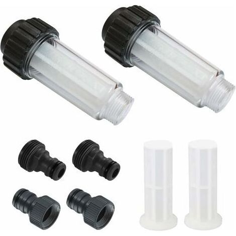 Filtre à eau pour tuyau d'arrosage – Lot de 2 pièces 3/4 pouces – Préfiltre avec 4 cartouches filtrantes et 2 raccords rapides – Protection nettoyeurs haute pression (1/5)