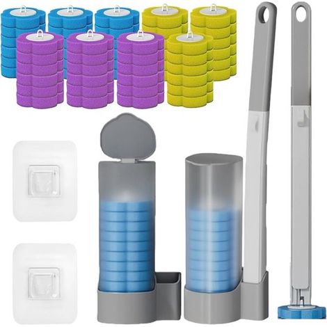 Set de brosse de toilette jetable – 2 pièces + 54 recharges – Support – Hygiénique – Nettoyage salle de bain