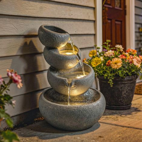Springbrunnen Outdoor aus Kunstharz 4-stufig Gartenbrunnen mit LED Beleuchtung Pumpe Steinoptik 35 x 32 x 50 cm