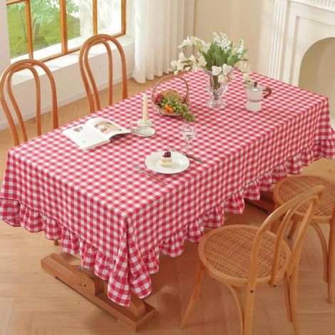 Nappe coton lin avec volants 120x120cm style campagnard carreaux rouge-blanc
