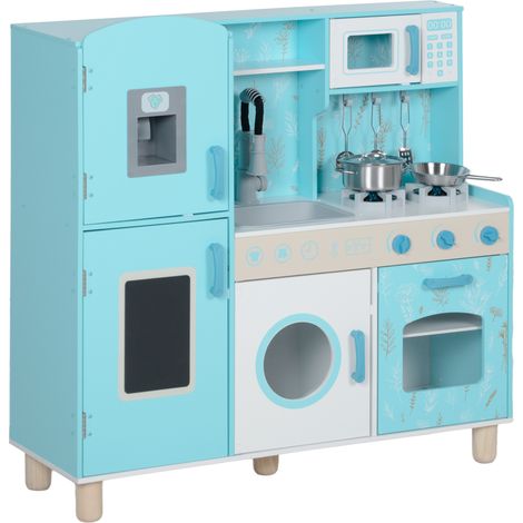 Cuisine en Bois Enfants avec Four Grille Fregadero Microondas Lavadora Machine à Glace Bleu 80x30x80cm