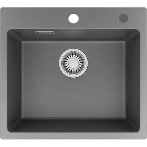 Evier 1 bac, évier à encastrer en résine gris 50x45 cm – Ensemble complet avec siphon et garniture de trop-plein (1/5)