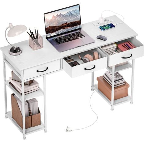 Bureau de cuisine équipé de 2 ports USB et 2 prises électriques, étagères ajustables et 3 tiroirs en tissu, couleur blanche, 120x40x76 cm (1/4)