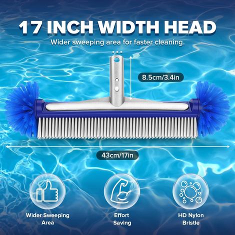 Tête de brosse de piscine à extrémités arrondies, brosse de nettoyage de piscine de 43 cm (17 pouces), brosse pour nettoyer les parois, les coins et les marches de la piscine (bleue) (1/4)