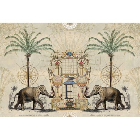 Papier peint panoramique vintage tropical beige Tapisserie panoramique beige avec animaux Papier peint panoramique éléphant pour salon & couloir (1/2)