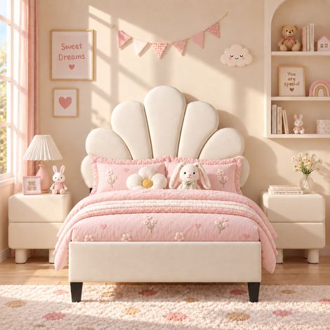 Letto singolo 90x190 cm per bambini stile principessa, Testiera a forma di conchiglia e petali, Struttura in metallo con rete a doghe, in velluto, Beige (1/5)
