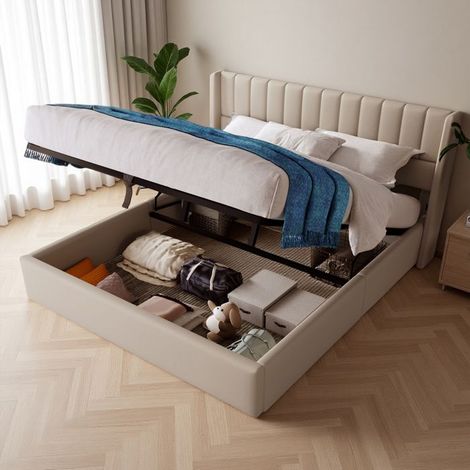 Lit coffre 160x200 cm - Scandinave - Tissu lin beige - Sommier à lattes - Système hydraulique (1/5)