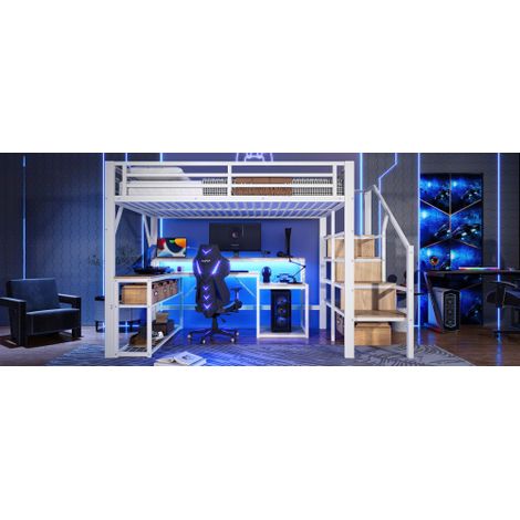 Hochbett, Eisenrahmen, Ablagefach, Treppenkonstruktionen mit Stauraum, Sicherheitsgeländer, mit LED-Lichtleiste, Schreibtisch, mit USB-Anschluss, ohne Matratze