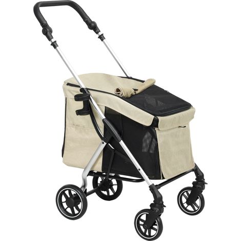 Poussette pour chien et chat aluminium pliable jusqu'à 10 kg, coussin, fenêtres filet, panier rangement kaki