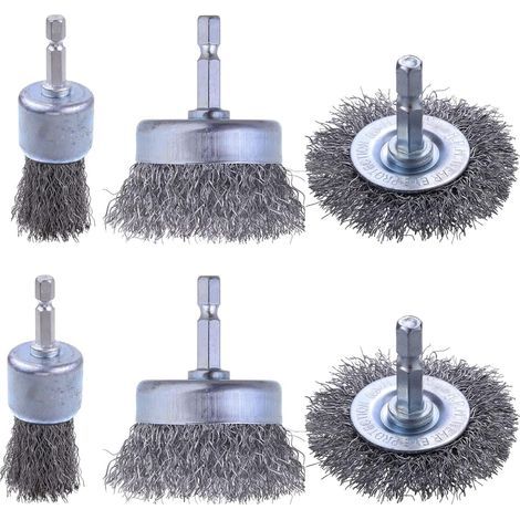 Lot de 6 brosses à fil en acier au carbone avec tige hexagonale de 6,35 mm pour éliminer la rouille, la corrosion et frotter les surfaces (1/4)