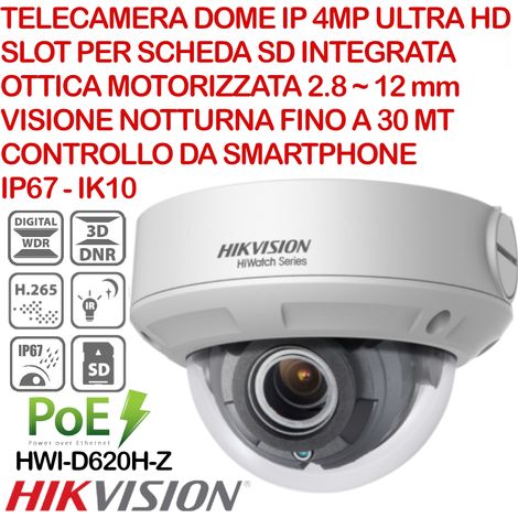 Telecamera Dome Antivandalica Hikvision Hiwatch HWI-D640H-Z IP 4.0 Megapixel Ultra HD, ottica varifocale motorizzata 2.8 12 mm, slot microSD integrata, PoE, IP67, IK10 (1/3)