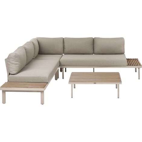 5 Seater Garden Corner Sofa with Coffee Table Acacia Wood Beige Cushions Padding Slatted Design Outdoor Patio Modern Style FIVIZZANO (1/5)