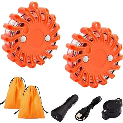 Balise De Signalisation Lumineuse,LED Lamp d'Avertissement USB Rechargeable avec Base magnétique/Sac de Rangement (Orange) (1/5)