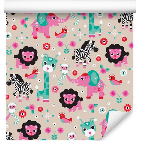 Papier peint safari zèbres, lions et éléphants pour salon et chambre 50x1000 cm (1/5)