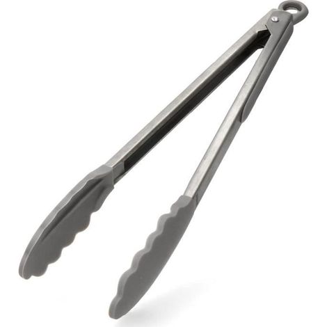 1 pince de cuisine, acier inoxydable + silicone, 35 cm, tête ondulée, idéale pour barbecue et poêle